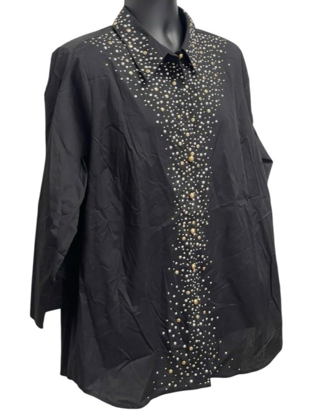 Joan Rivers XL Black Embellished Studded Blouse Glam Statement Top NWT - Picture 2 of 5